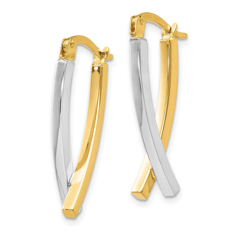 14k Two Tone Gold Dangle Hoop Earrings with Twisted Crossover Design for Women