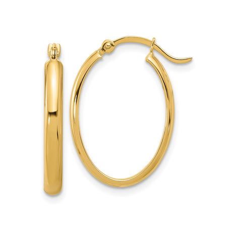 14k Yellow Gold Hoop Earrings, Polished Oval Design, Latch Back Closure, Lightweight Jewelry for Women