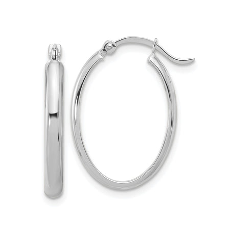 14k White Gold Hoop Earrings, Medium Oval with Polished Finish and Hinged Clasp