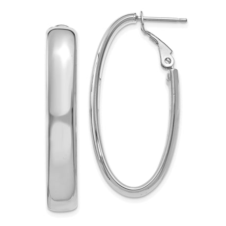 14k White Gold Hoop Earrings, Polished Oval Shape, Hinged Back, Minimalist Style