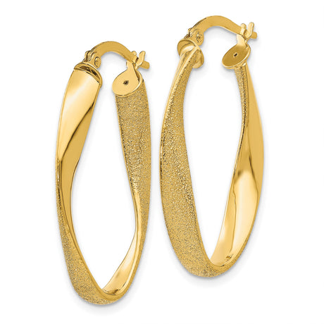 14k Yellow Gold Twisted Oval Hoop Earrings with Textured and Polished Finish