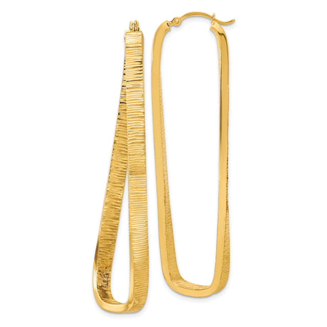 14k Yellow Gold Hoop Earrings, Elongated Teardrop Shape with Textured Finish, Lightweight Design