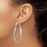 14k White Gold Elongated Hoop Earrings with Twisted Rectangular Design and Textured Finish