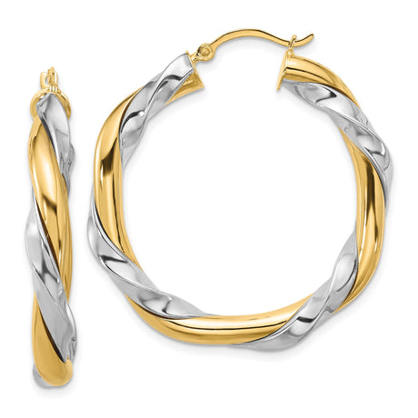 14k Yellow Gold Twisted Hoop Earrings, Braided Two-Tone Polished Design for Women