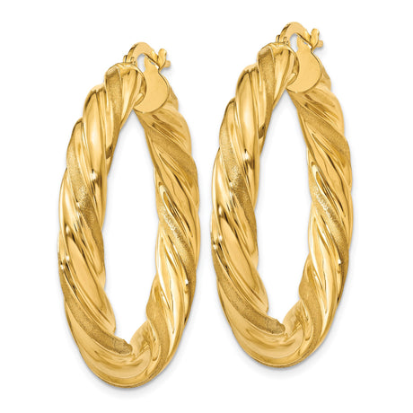 14k Yellow Gold Twisted Hoop Earrings, Medium Braided Polished and Textured Oval Design