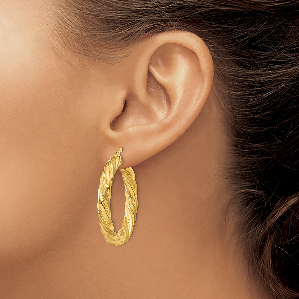 14k Yellow Gold Twisted Hoop Earrings, Medium Braided Polished and Textured Oval Design