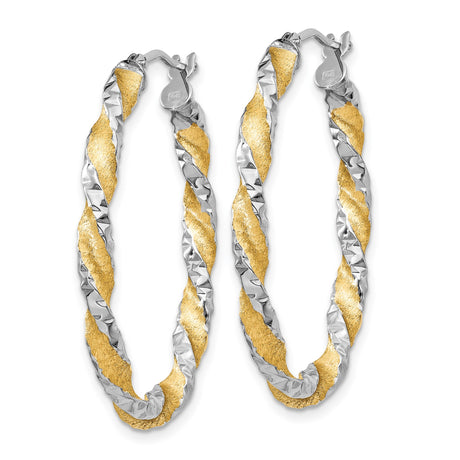 14k White and Yellow Gold Twisted Oval Hoop Earrings, Diamond-Cut Two-Tone Design