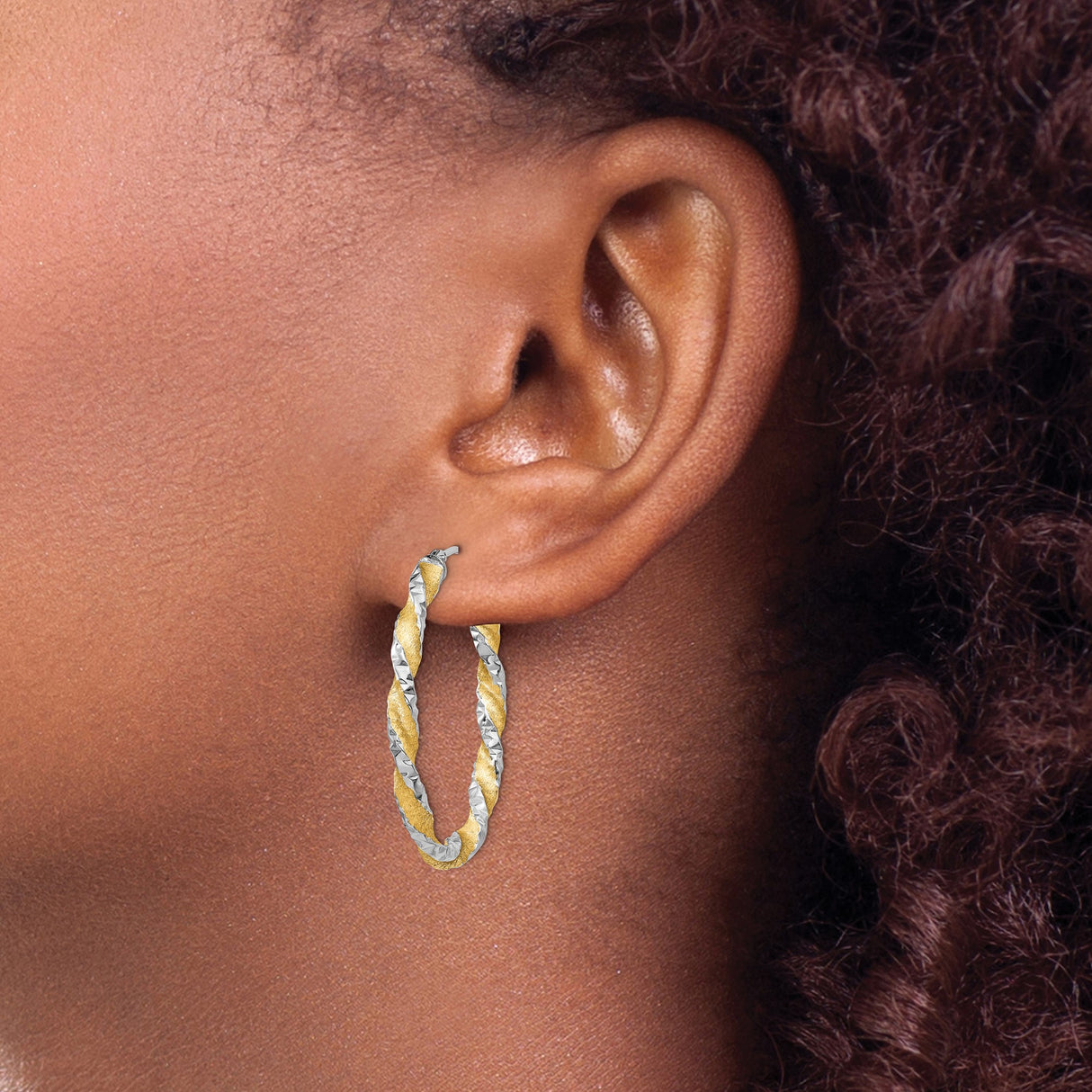 14k White and Yellow Gold Twisted Oval Hoop Earrings, Diamond-Cut Two-Tone Design