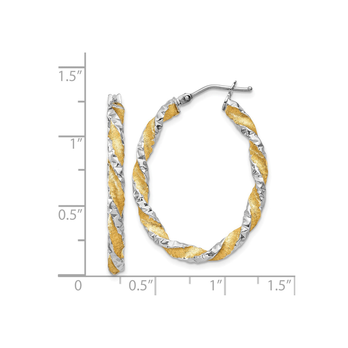 14k White and Yellow Gold Twisted Oval Hoop Earrings, Diamond-Cut Two-Tone Design