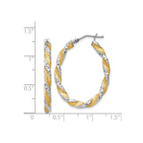 14k White and Yellow Gold Twisted Oval Hoop Earrings, Diamond-Cut Two-Tone Design
