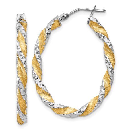 14k White and Yellow Gold Twisted Oval Hoop Earrings, Diamond-Cut Two-Tone Design