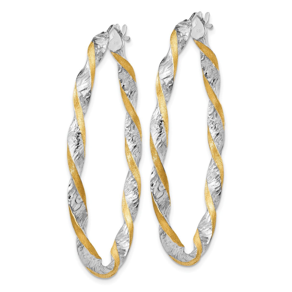 14k White and Yellow Gold Oval Hoop Earrings, Twisted Two-Tone Textured Design