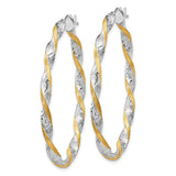 14k White and Yellow Gold Oval Hoop Earrings, Twisted Two-Tone Textured Design