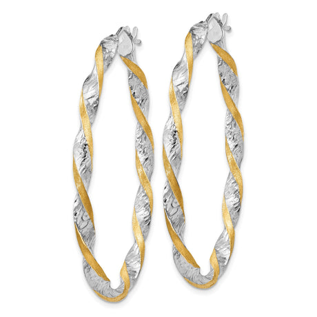 14k White and Yellow Gold Oval Hoop Earrings, Twisted Two-Tone Textured Design