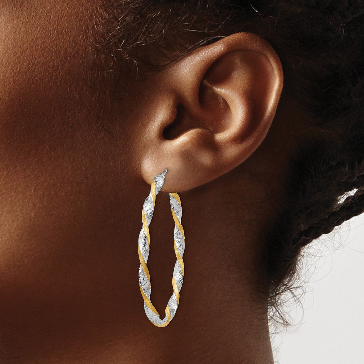 14k White and Yellow Gold Oval Hoop Earrings, Twisted Two-Tone Textured Design