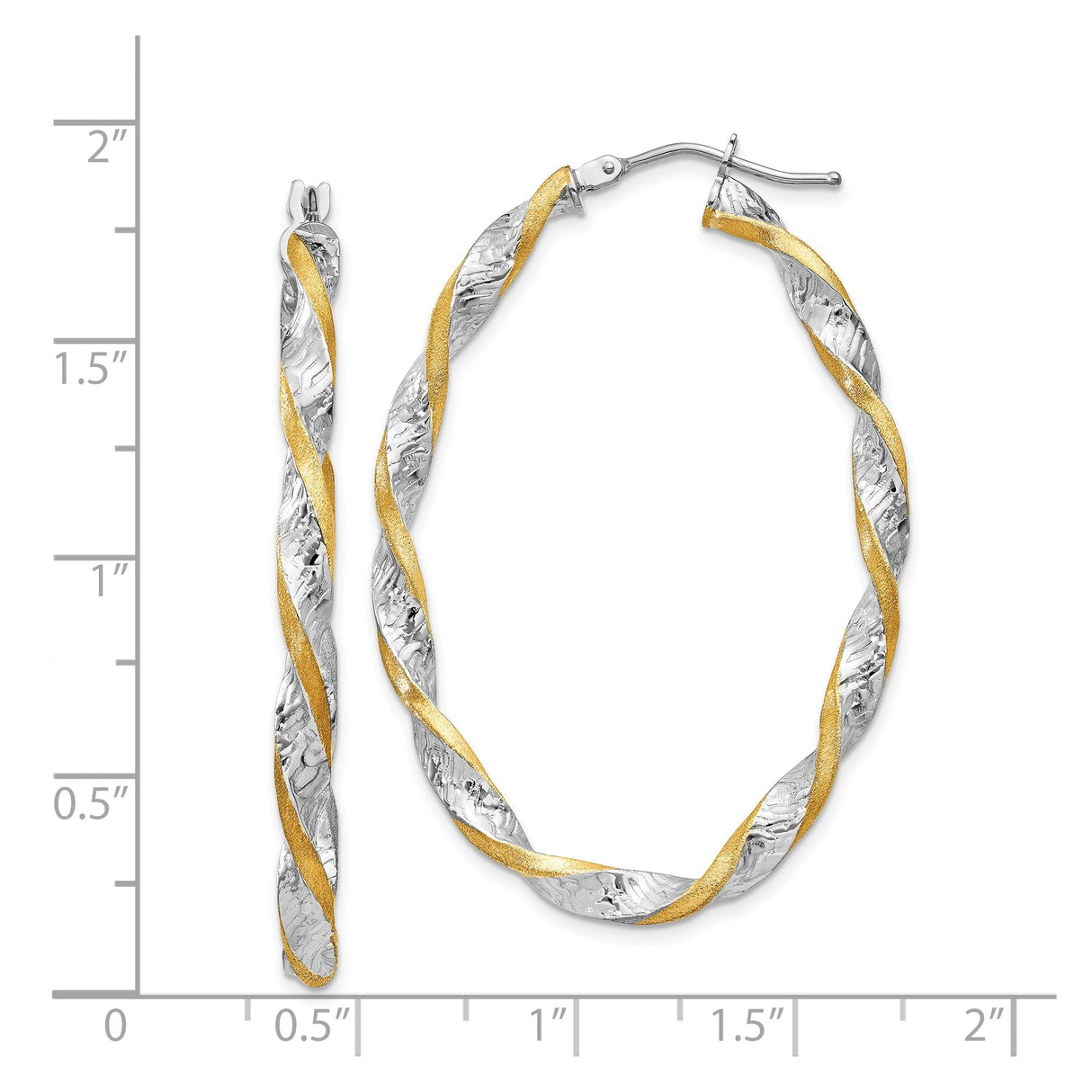 14k White and Yellow Gold Oval Hoop Earrings, Twisted Two-Tone Textured Design