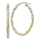 14k White and Yellow Gold Oval Hoop Earrings, Twisted Two-Tone Textured Design
