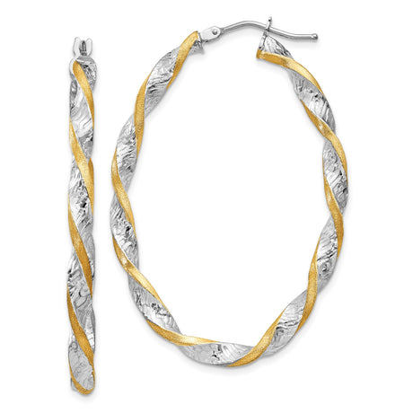 14k White and Yellow Gold Oval Hoop Earrings, Twisted Two-Tone Textured Design