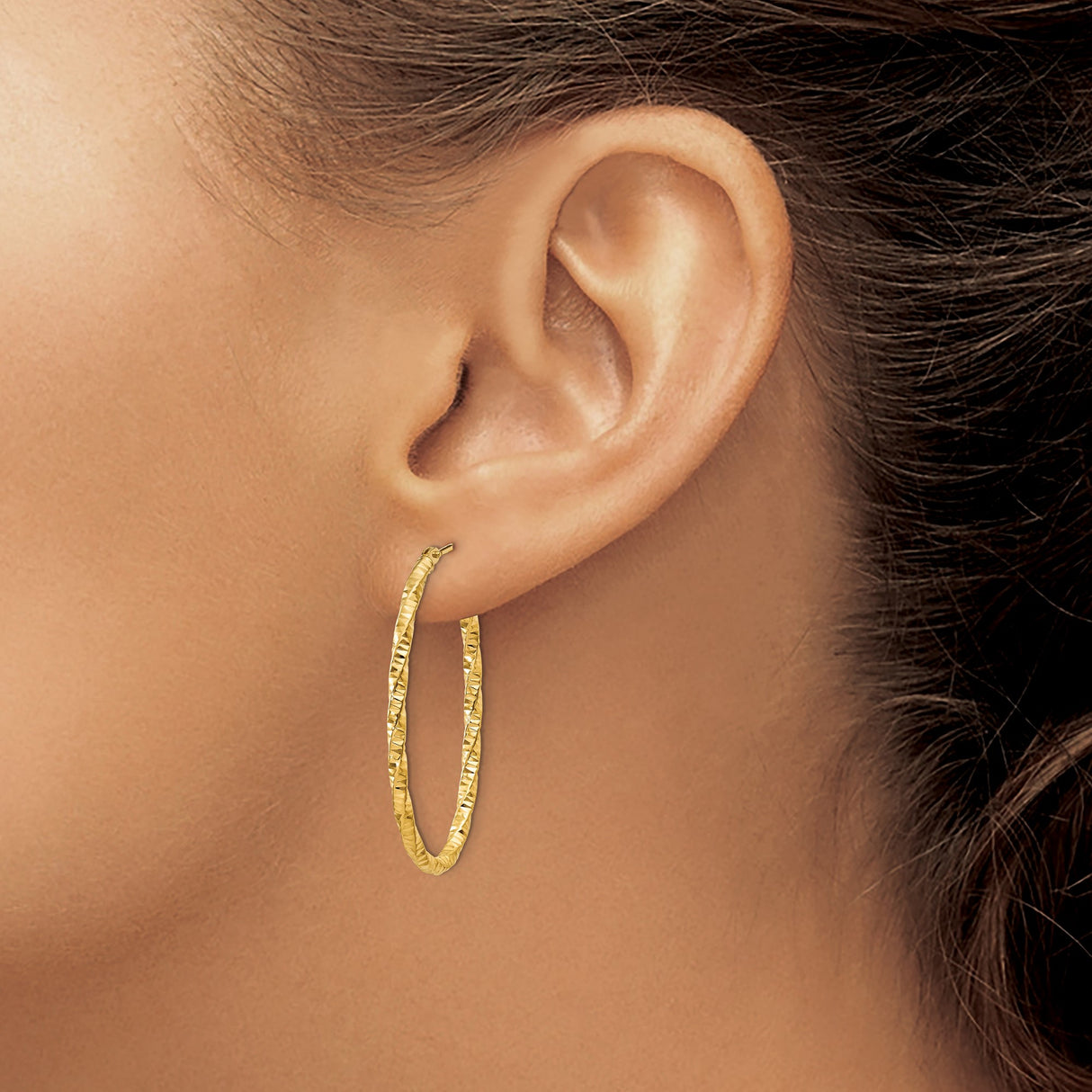 14k Yellow Gold Twisted Oval Hoop Earrings, Diamond Cut Textured Design, Lightweight for Women