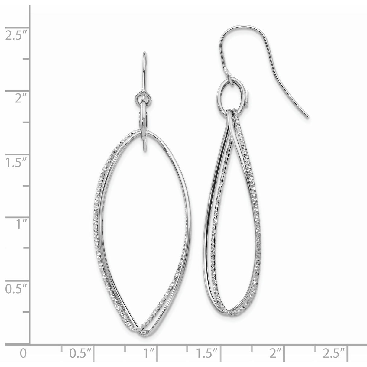 14k White Gold Dangle Earrings, Dual Marquise Loop Design with Textured and Polished Finish
