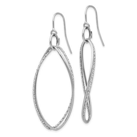 14k White Gold Dangle Earrings, Dual Marquise Loop Design with Textured and Polished Finish