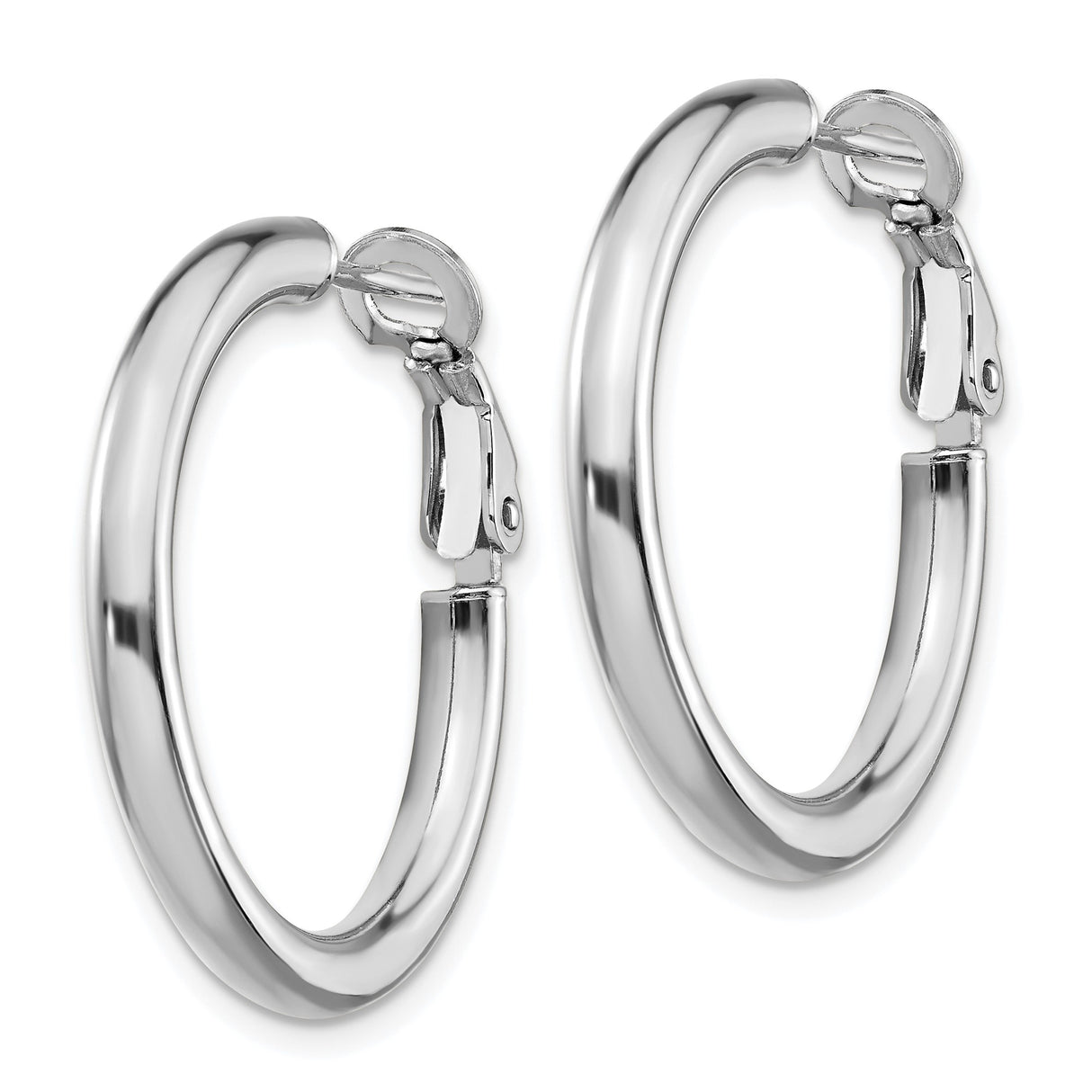 14k White Gold Hoop Earrings, Classic Round Polished Design, Hinged Back, Lightweight Style