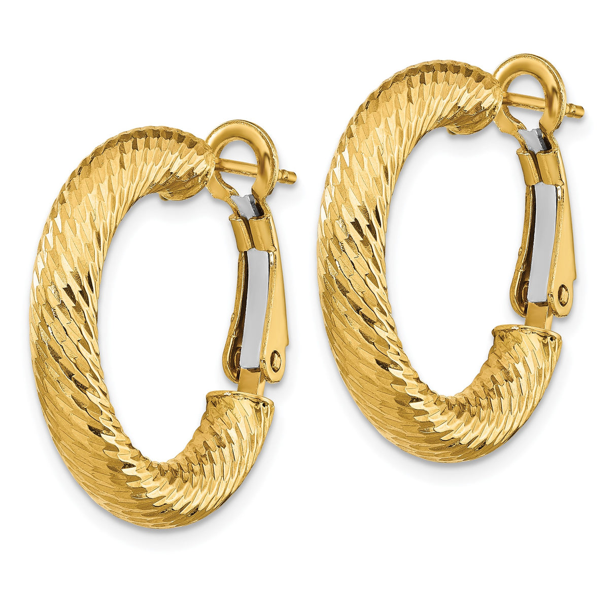 14k Yellow Gold Hoop Earrings, Twisted Diamond Cut Medium Hoops with Shine Finish