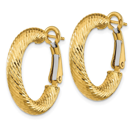 14k Yellow Gold Hoop Earrings, Twisted Diamond Cut Medium Hoops with Shine Finish