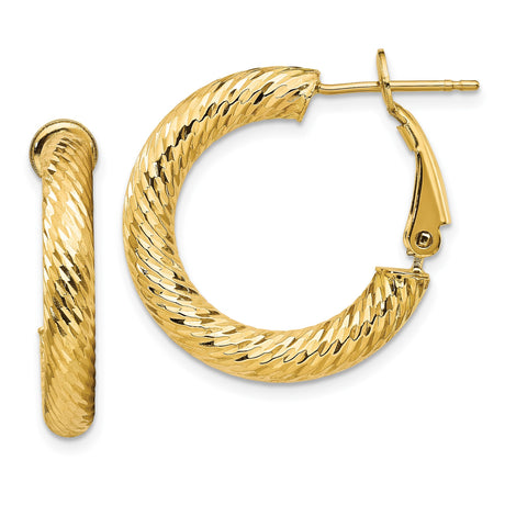 14k Yellow Gold Hoop Earrings, Twisted Diamond Cut Medium Hoops with Shine Finish