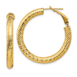 14k Yellow Gold Hoop Earrings, Diamond Cut Textured Round Hoops with Snap Lock Closure
