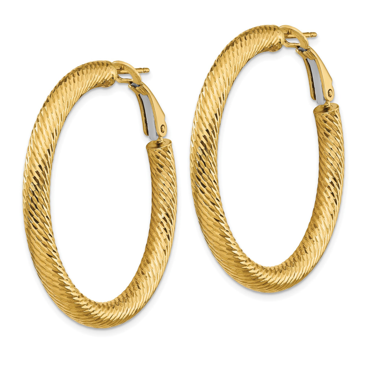 14k Yellow Gold Hoop Earrings, Large Textured High-Polish Hoops with Omega Back Closure
