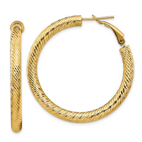14k Yellow Gold Hoop Earrings, Large Textured High-Polish Hoops with Omega Back Closure