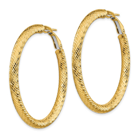 14k Yellow Gold Large Textured Hoop Earrings, Diamond-Cut Finish, Classic Round Design