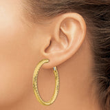 14k Yellow Gold Large Textured Hoop Earrings, Diamond-Cut Finish, Classic Round Design