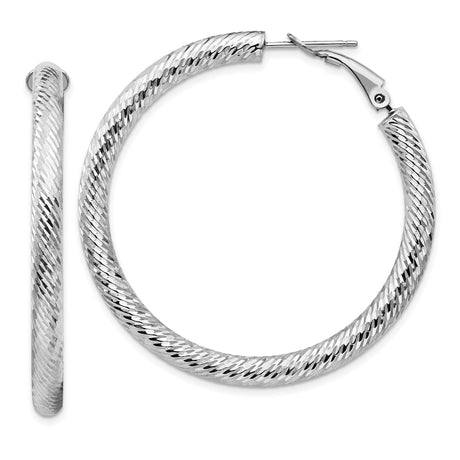 14k White Gold Hoop Earrings with Twisted Diamond Cut Finish and Hinged Snap Back Closure