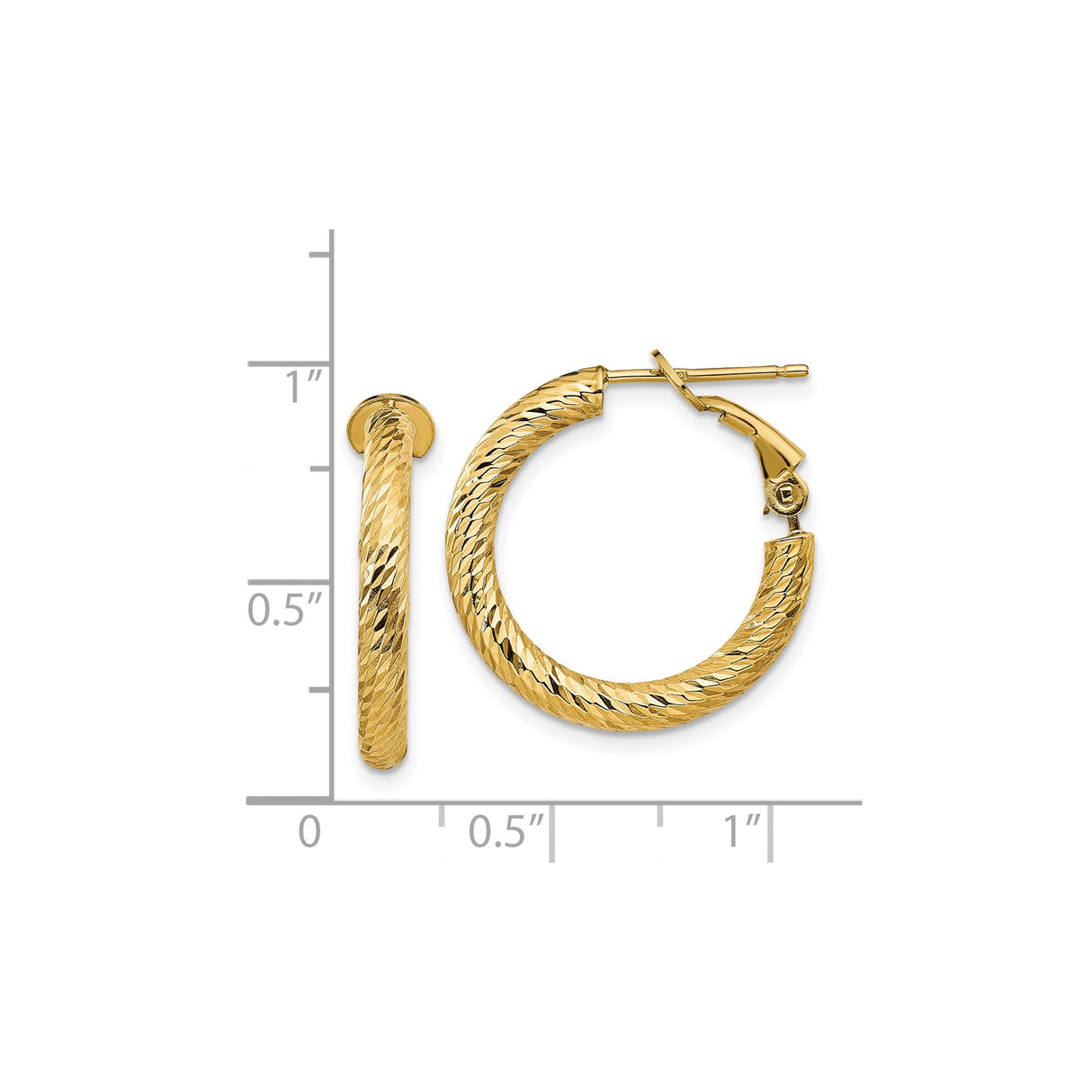 14k Yellow Gold Hoop Earrings with Diamond Cut Textured Finish, Classic Round Design