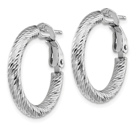 14k White Gold Hoop Earrings, Textured Diamond Cut Round Hoops with Latch Back