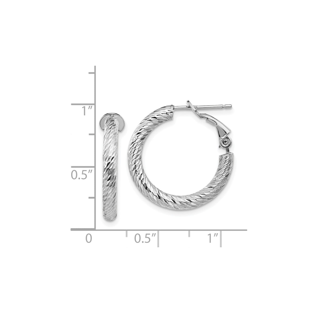 14k White Gold Hoop Earrings, Textured Diamond Cut Round Hoops with Latch Back