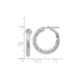14k White Gold Hoop Earrings, Textured Diamond Cut Round Hoops with Latch Back