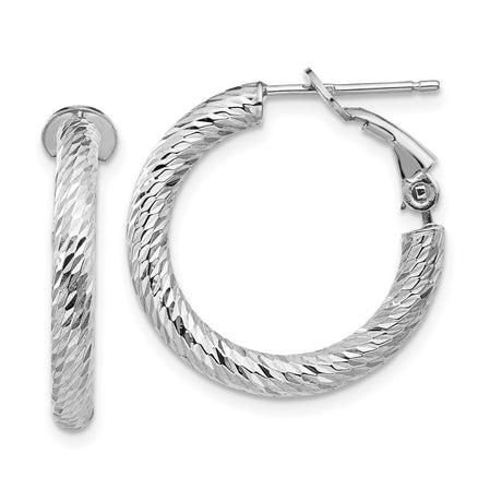14k White Gold Hoop Earrings, Textured Diamond Cut Round Hoops with Latch Back