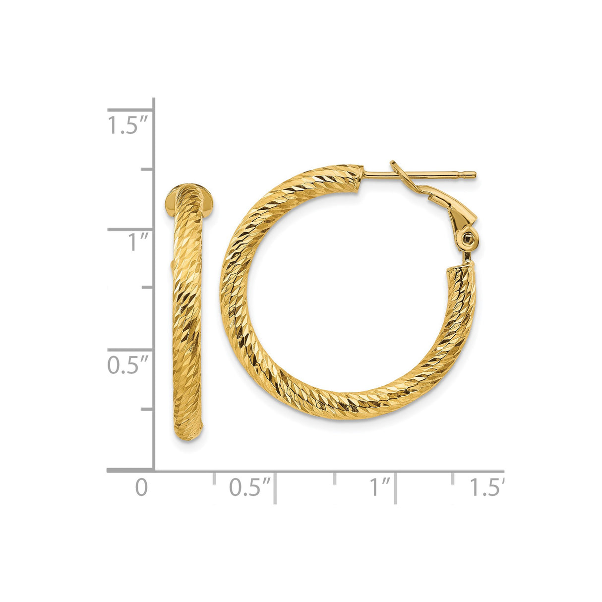14k Yellow Gold Hoop Earrings, Twisted Diamond Cut with Textured Finish, Lightweight Round Design