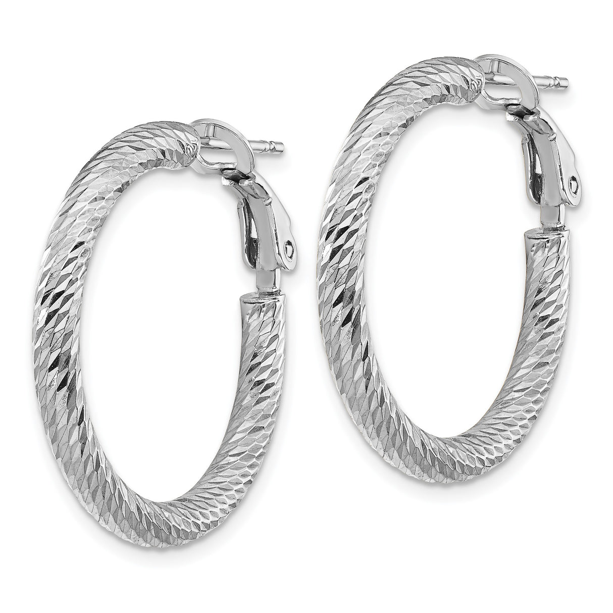 14k White Gold Textured Hoop Earrings with Diamond Cut Finish and Omega Back