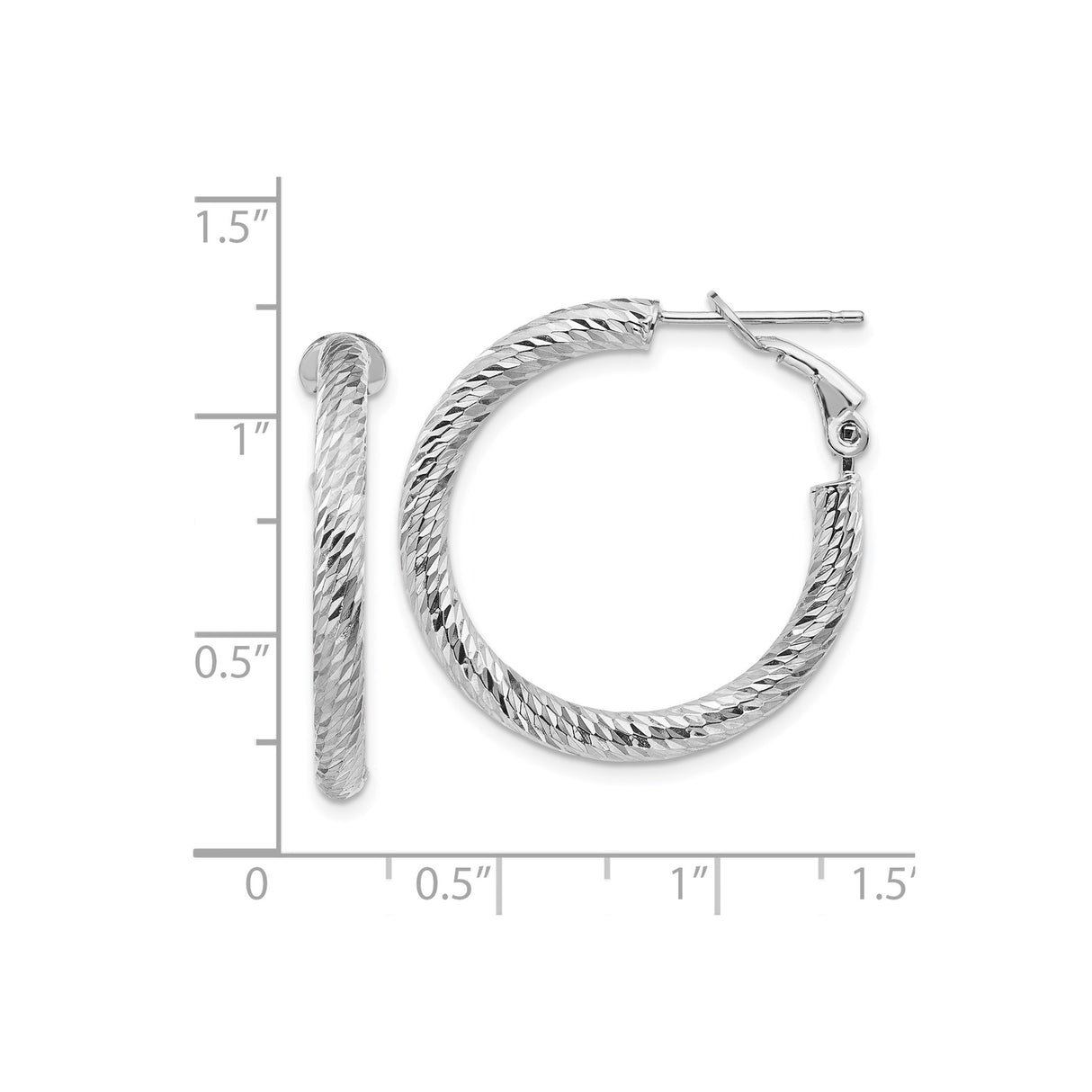 14k White Gold Textured Hoop Earrings with Diamond Cut Finish and Omega Back