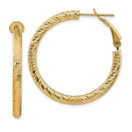 14k Yellow Gold Hoop Earrings, Textured Diamond Cut Finish, Classic Medium Round Style