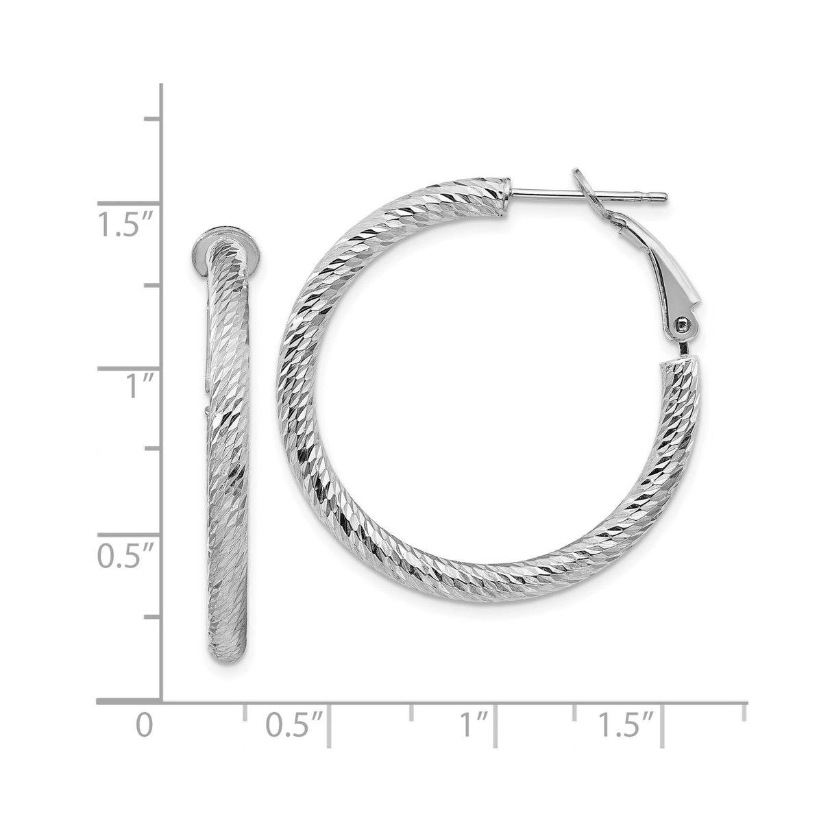 14k White Gold Hoop Earrings with Textured Diamond Cut Finish and Omega Back Design