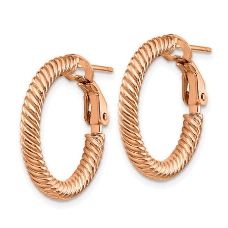 14k Rose Gold Twisted Rope Hoop Earrings with Textured Finish and Hinged Clasp