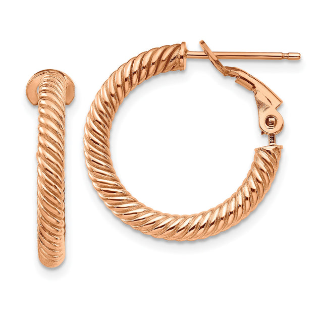 14k Rose Gold Twisted Rope Hoop Earrings with Textured Finish and Hinged Clasp