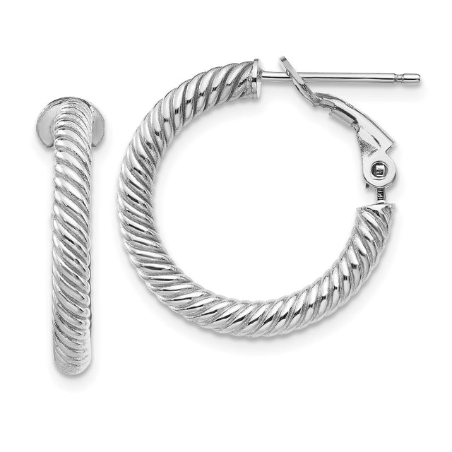 14k White Gold Twisted Rope Hoop Earrings, Medium Round Hoops with Latch Back Closure
