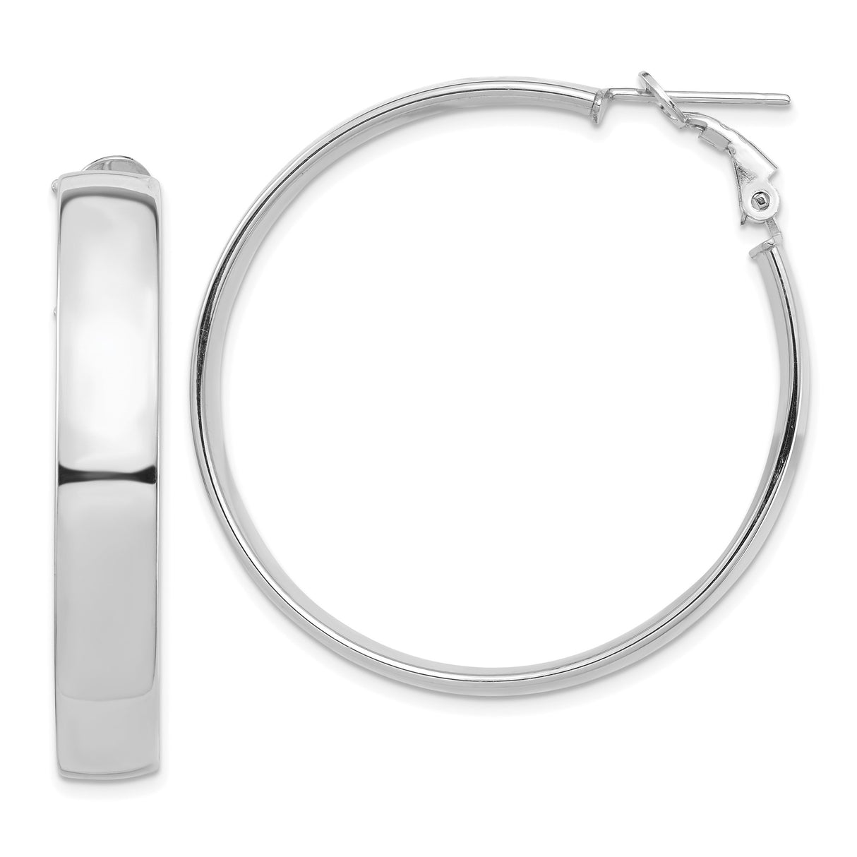 14k White Gold Hoop Earrings, Medium Round Polished Hoops with Hinged Snapback Closure