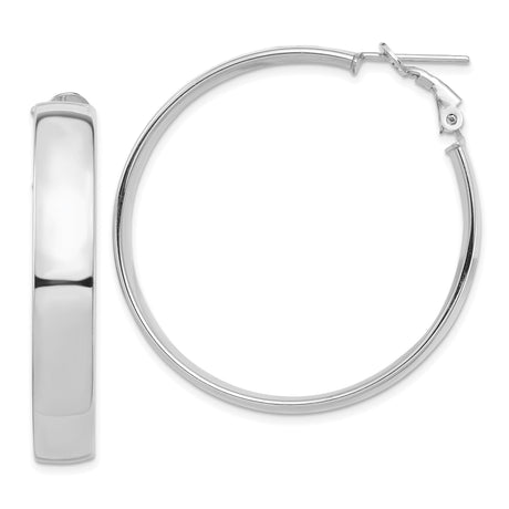14k White Gold Hoop Earrings, Medium Round Polished Hoops with Hinged Snapback Closure